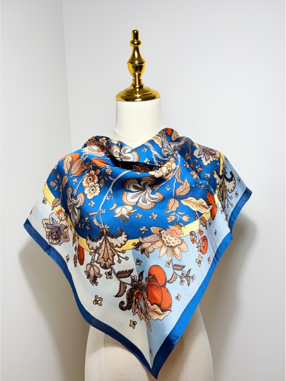 Elegant Blue Scarf with Orange and Beige Floral Pattern, Versatile Square